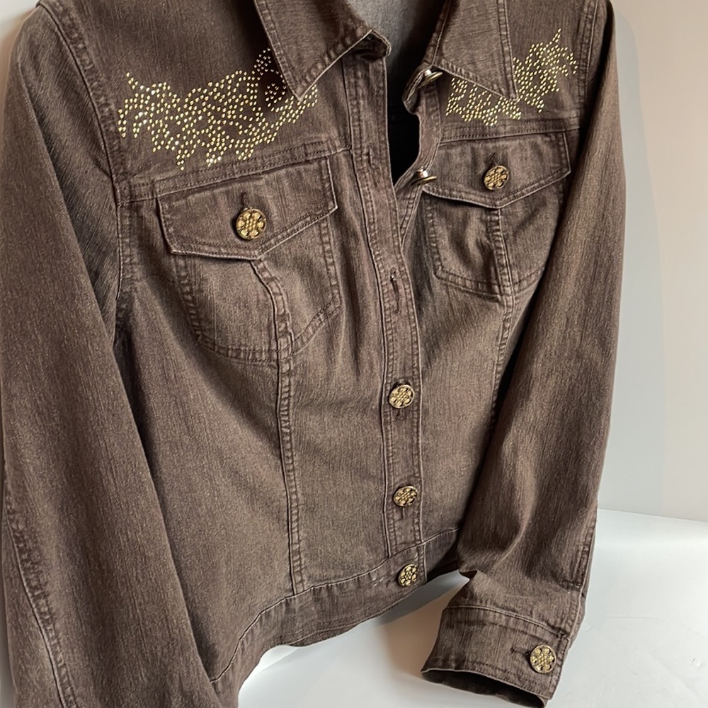 Christina stretch cropped brown denim jacket rhinestone detail size large - Picture 6 of 7
